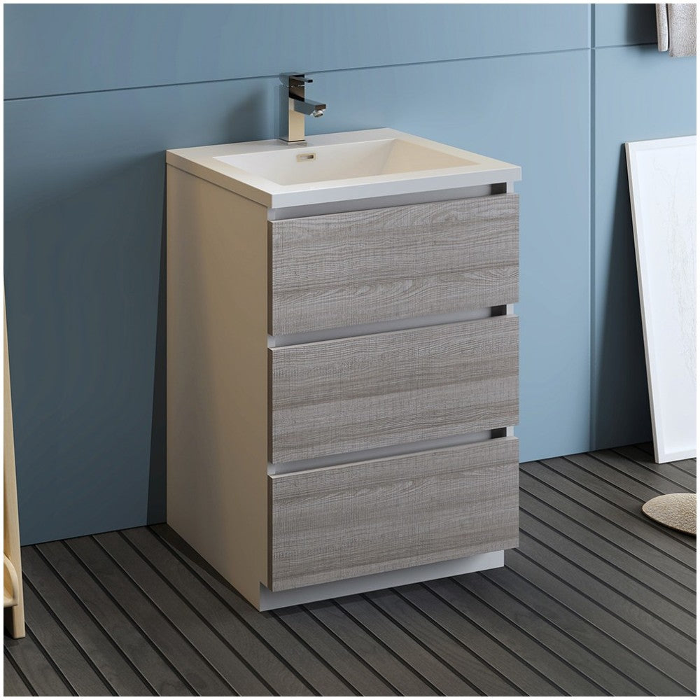 24 Glossy Ash Gray Free Standing Modern Bathroom Cabinet w/ Integrated Sink