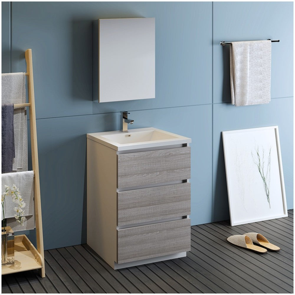 24 Glossy Ash Gray Free Standing Modern Bathroom Vanity w/ Medicine Cabinet