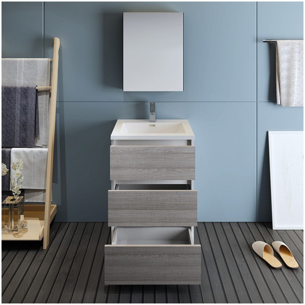 24 Glossy Ash Gray Free Standing Modern Bathroom Vanity w/ Medicine Cabinet