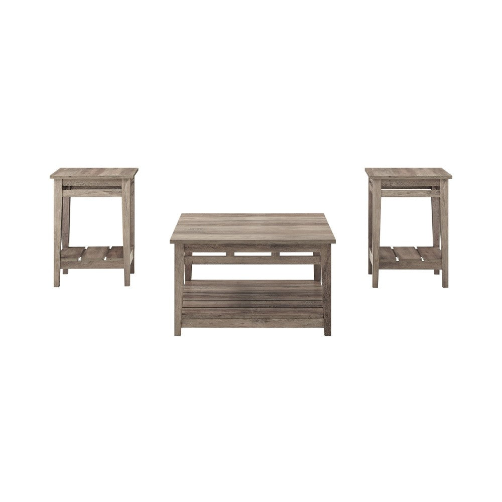 3 Piece Farmhouse Square Coffee Table and Side Tables - Gray Wash