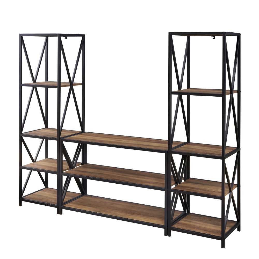 3-Piece Rustic Industrial Bookcase Set - Rustic Oak
