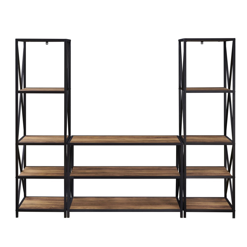 3-Piece Rustic Industrial Bookcase Set - Rustic Oak