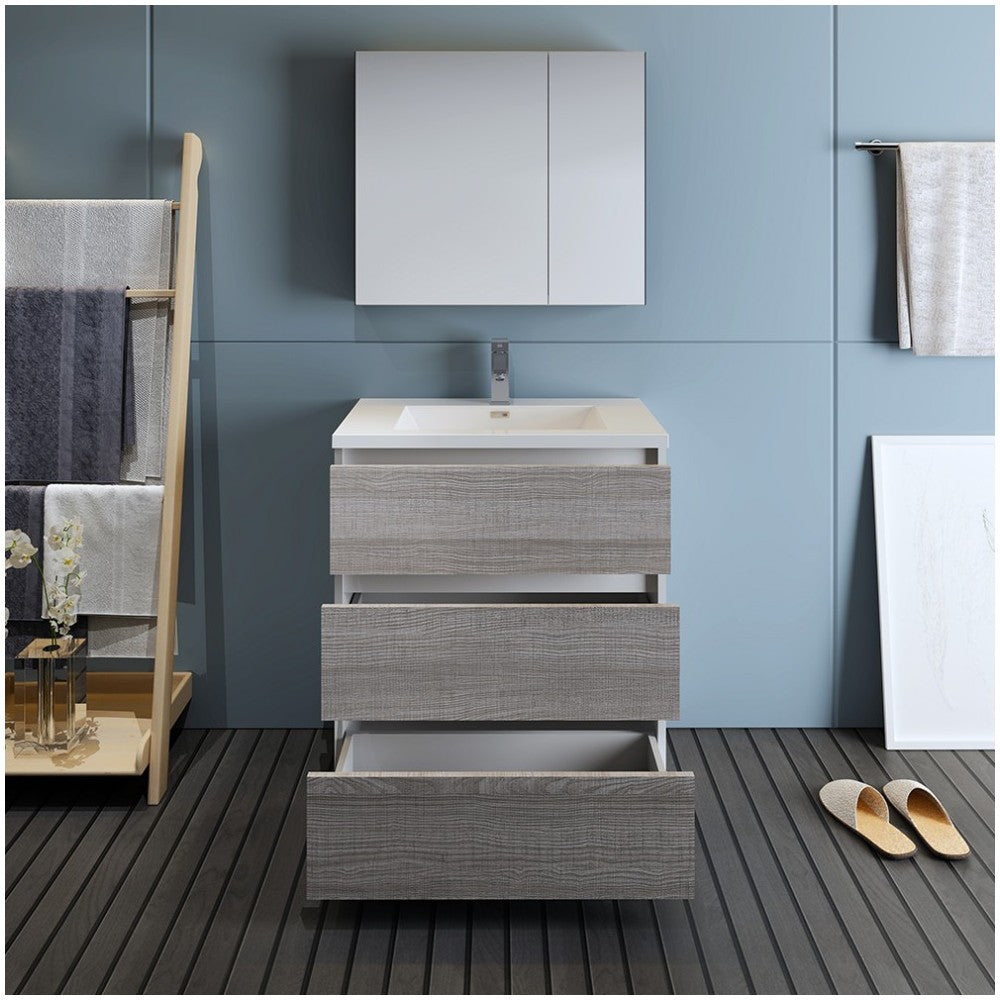 30 Glossy Ash Gray Free Standing Modern Bathroom Vanity w/ Medicine Cabinet