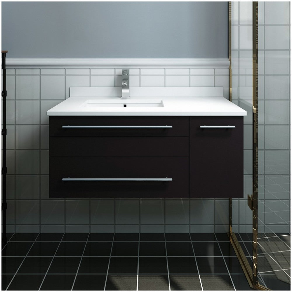 36 Espresso Wall Hung Bathroom Cabinet w/ Top & Undermount Sink - Left Version