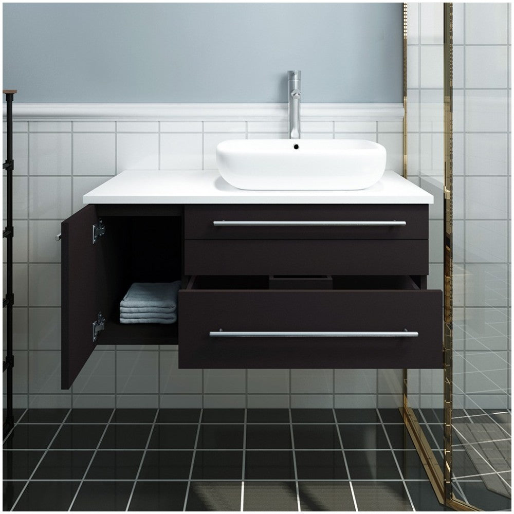 36 Espresso Wall Hung Bathroom Cabinet w/ Top & Vessel Sink - Right Version