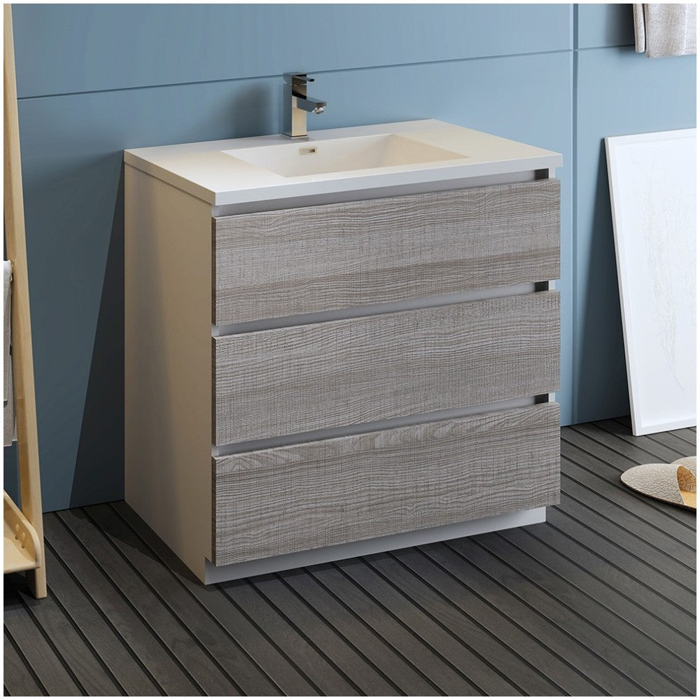 36 Glossy Ash Gray Free Standing Modern Bathroom Cabinet w/ Integrated Sink