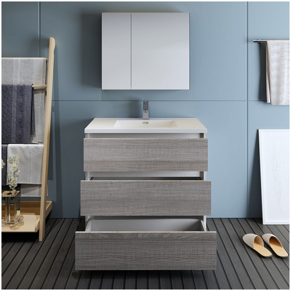 36 Glossy Ash Gray Free Standing Modern Bathroom Vanity w/ Medicine Cabinet