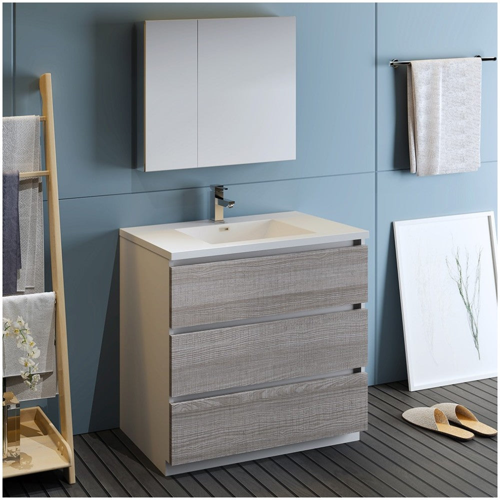 36 Glossy Ash Gray Free Standing Modern Bathroom Vanity w/ Medicine Cabinet