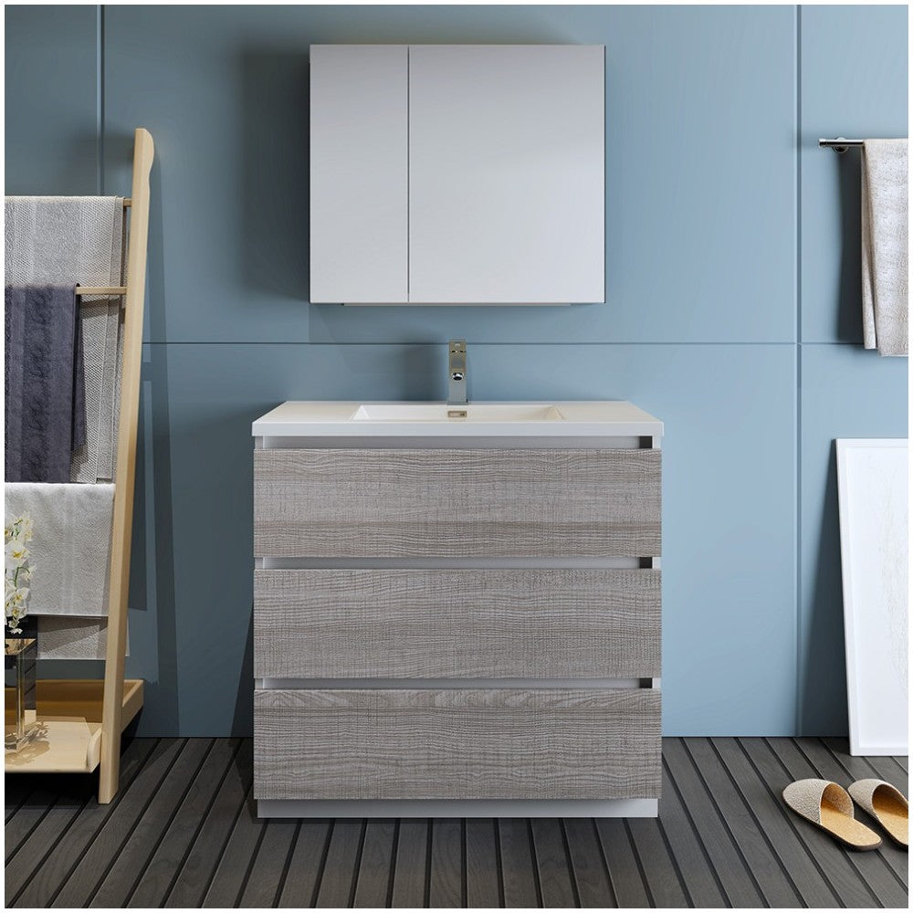 36 Glossy Ash Gray Free Standing Modern Bathroom Vanity w/ Medicine Cabinet