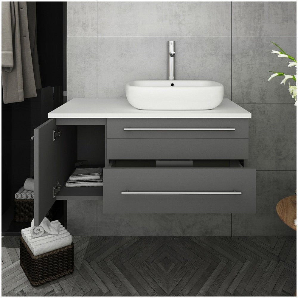 36 Gray Wall Hung Modern Bathroom Cabinet w/ Top & Vessel Sink - Right Version