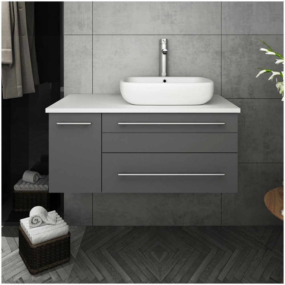 36 Gray Wall Hung Modern Bathroom Cabinet w/ Top & Vessel Sink - Right Version