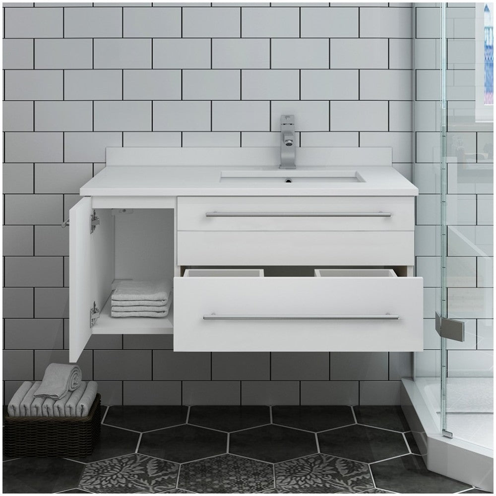 36 White Wall Hung Bathroom Cabinet w/ Top & Undermount Sink - Right Version