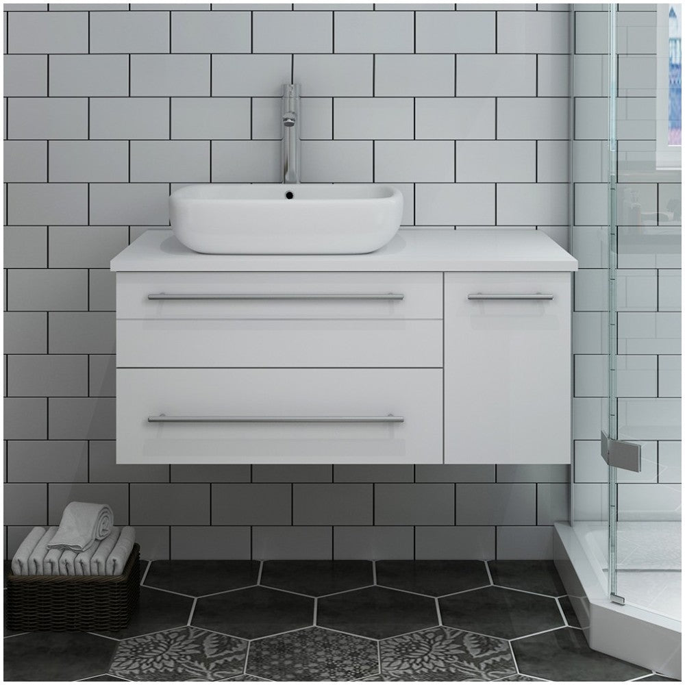 36 White Wall Hung Modern Bathroom Cabinet w/ Top & Vessel Sink - Left Version