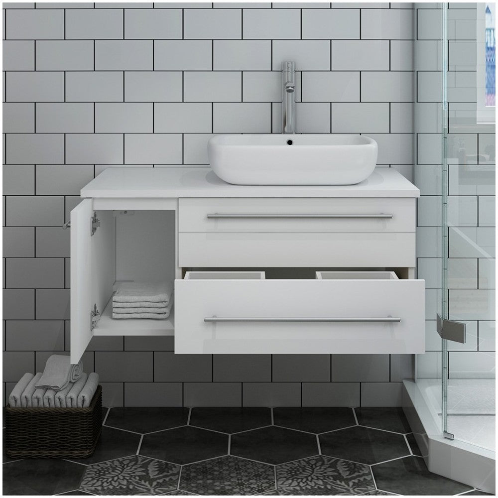 36 White Wall Hung Modern Bathroom Cabinet w/ Top & Vessel Sink - Right Version