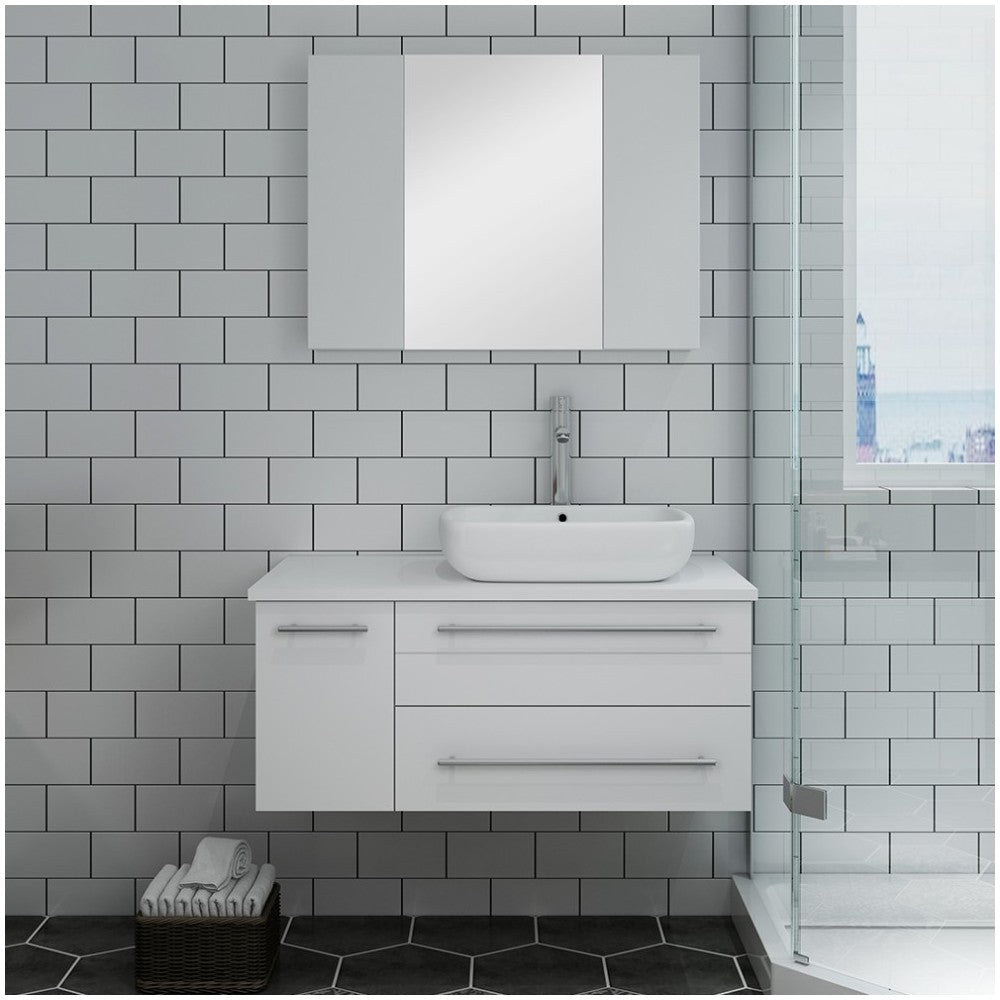 36 White Wall Hung Vessel Sink Bathroom Vanity w/ Medicine Cabinet - Right