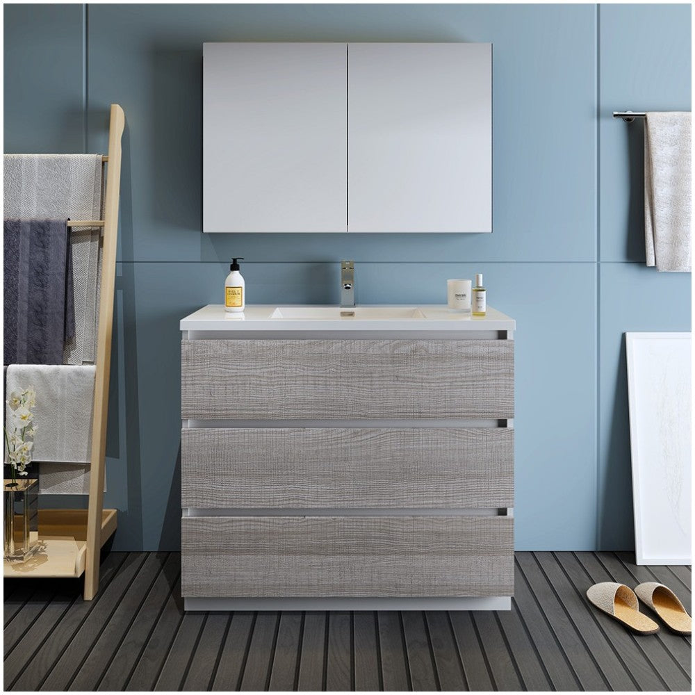 42 Glossy Ash Gray Free Standing Modern Bathroom Vanity w/ Medicine Cabinet