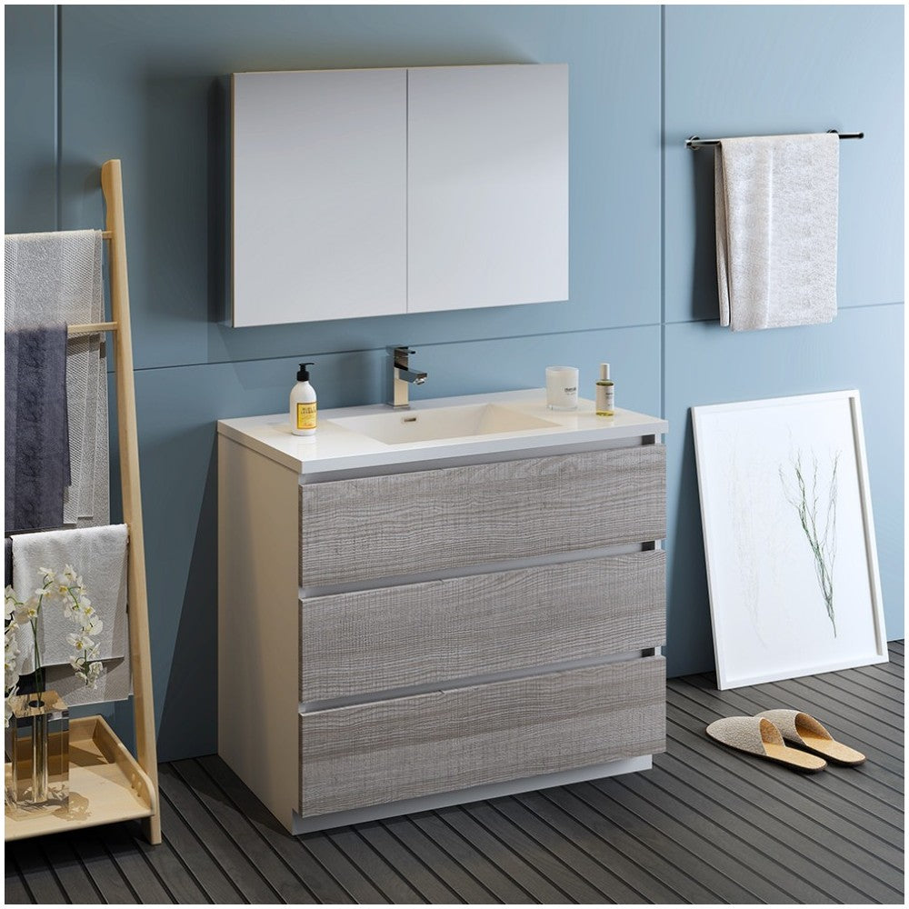 42 Glossy Ash Gray Free Standing Modern Bathroom Vanity w/ Medicine Cabinet