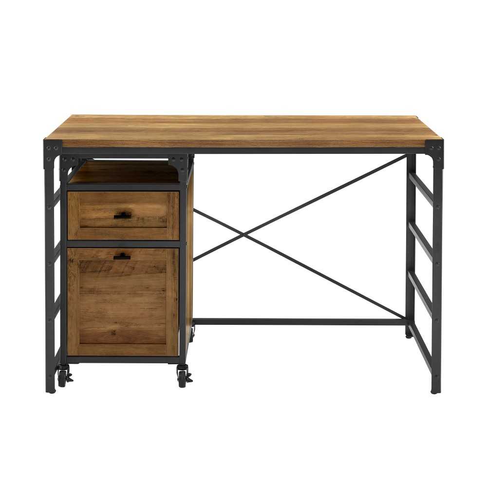 48" Angle Iron Desk with Filing Cabinet Cabinet - Rustic Oak