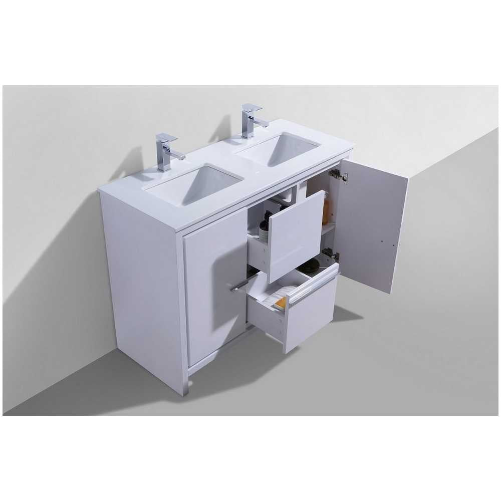 48" Double Sink High Gloss White Modern Bathroom VanityWhite Quartz Counter-Top