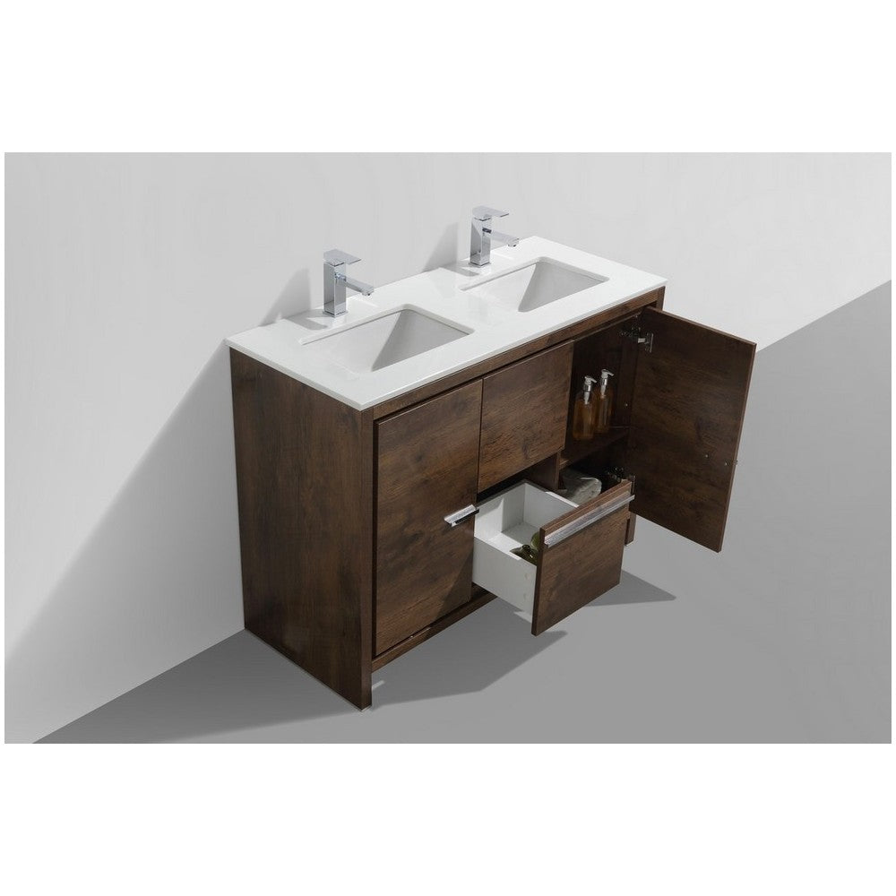 48" Double Sink Rose Wood Modern Bathroom Vanity With White Quartz Counter-Top