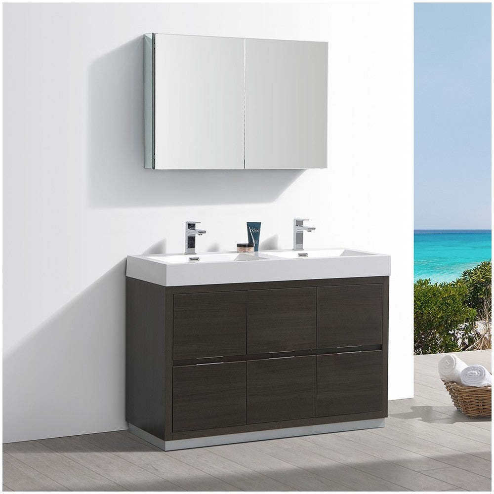 48 Gray Oak Free Standing Double Sink Modern Bathroom Vanity w/ Medicine Cabinet