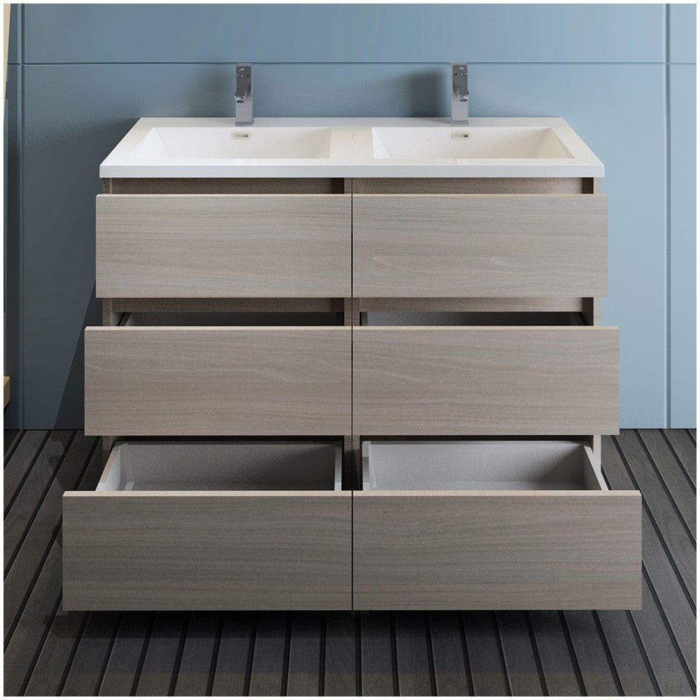 48 Gray Wood Free Standing Modern Bathroom Cabinet w/ Integrated Double Sink