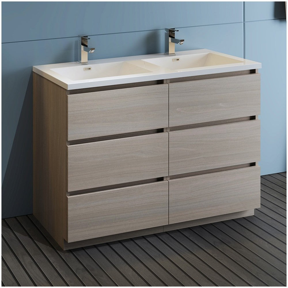 48 Gray Wood Free Standing Modern Bathroom Cabinet w/ Integrated Double Sink