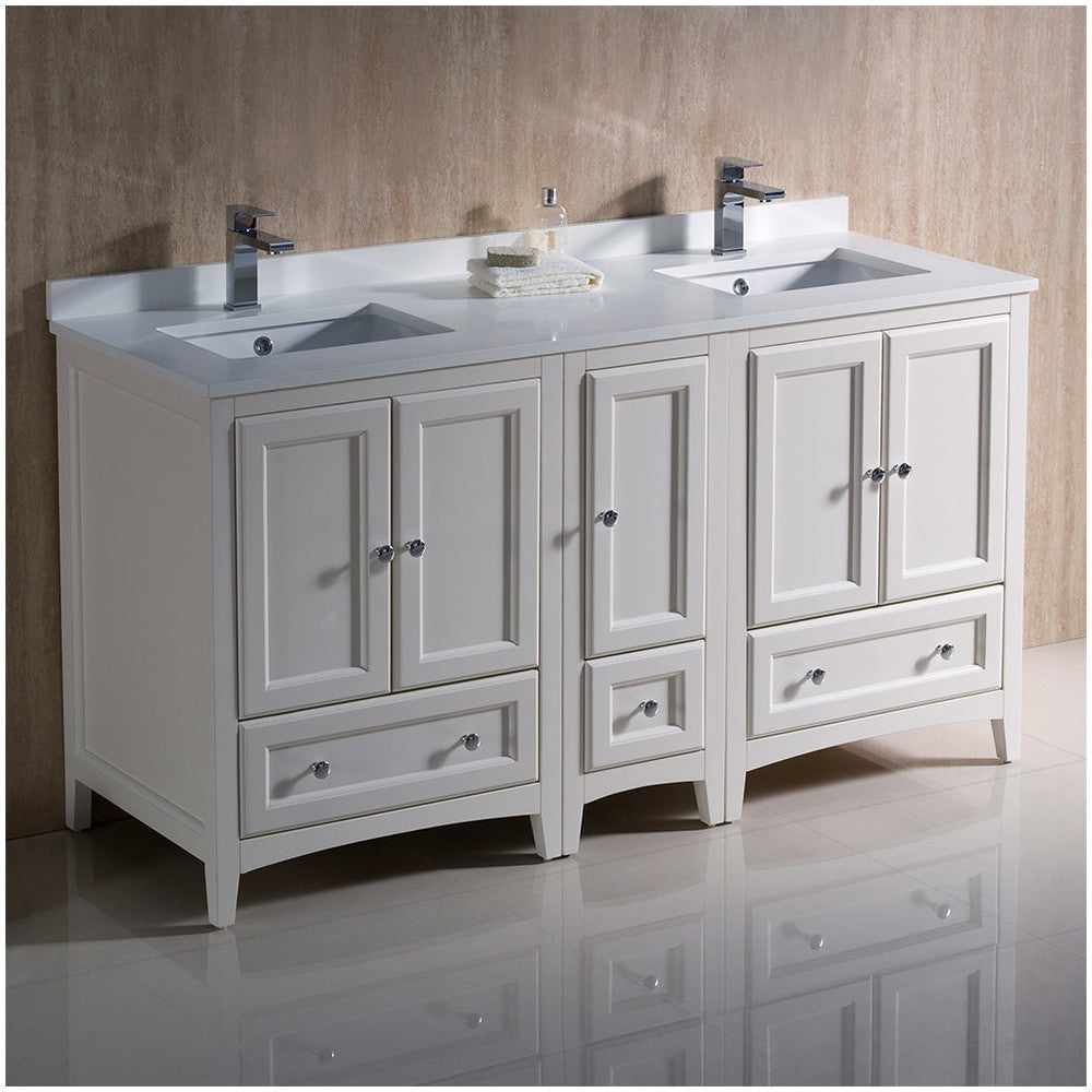 60 Antique White Traditional Dbl Sink Bathroom Cabinets, Top, Sinks, FCB20