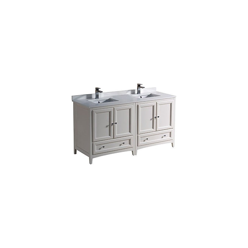 60 Antique White Traditional Dbl Sink Bathroom Cabinets, Top, Sinks