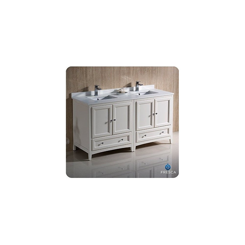 60 Antique White Traditional Dbl Sink Bathroom Cabinets, Top, Sinks