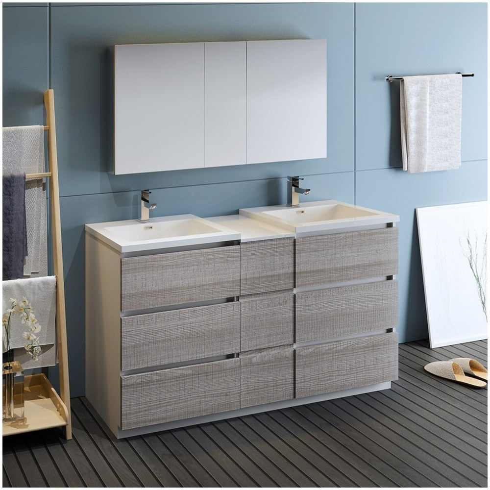 60 Ash Gray Free Standing Dbl Sink Bathroom Vanity, Medicine Cabinet