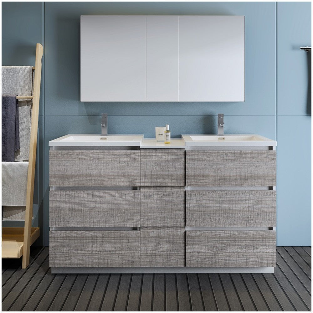 60 Ash Gray Free Standing Dbl Sink Bathroom Vanity, Medicine Cabinet