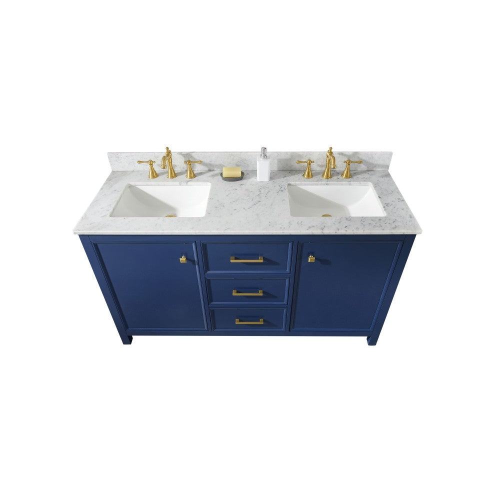 60" Blue Sink Vanity Cabinet With Carrara White Top