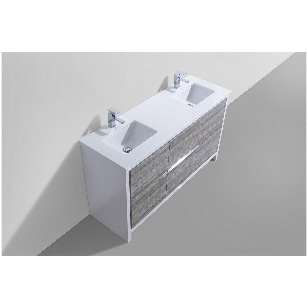 60" Double Sink Ash Gray Modern Bathroom Vanity With White Quartz Counter-Top