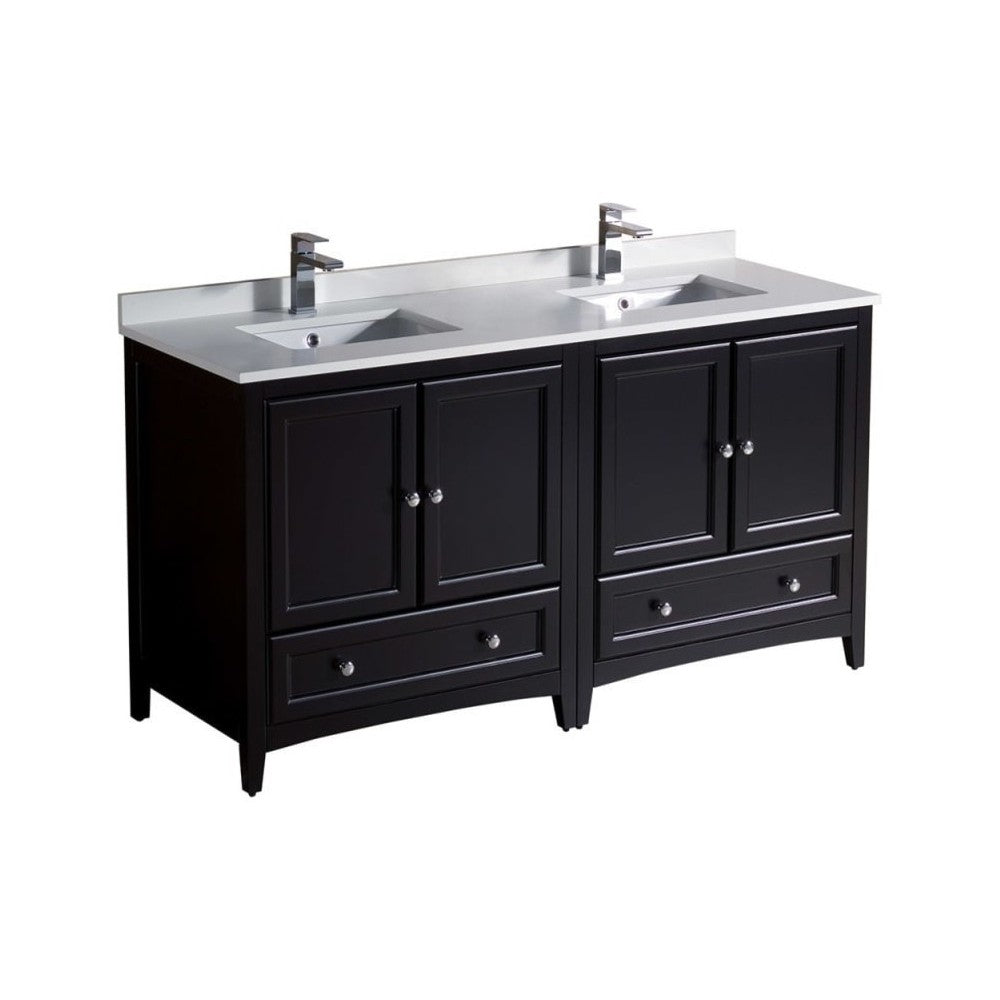 60 Espresso Traditional Dbl Sink Bathroom Cabinets, Top, Sinks
