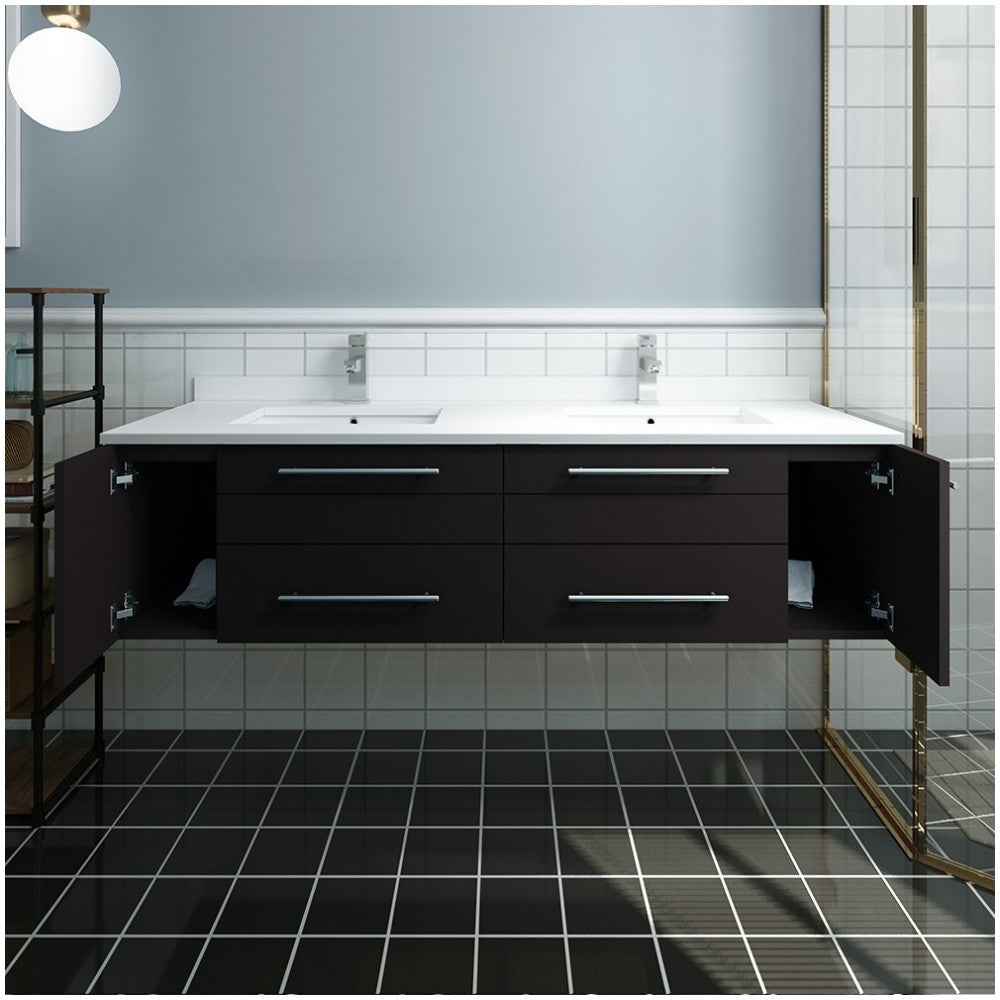 60 Espresso Wall Hung Modern Bathroom Cabinet w/ Top & Double Undermount Sinks