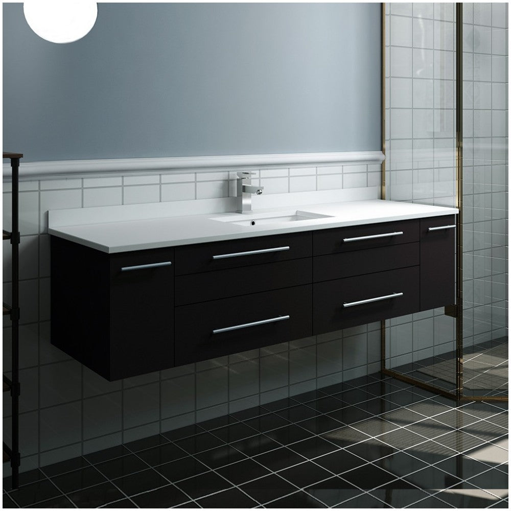60 Espresso Wall Hung Modern Bathroom Cabinet w/ Top & Single Undermount Sink