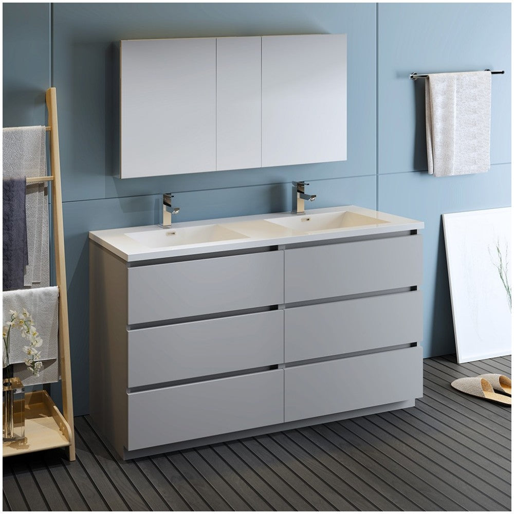 60 Gray Free Standing Dbl Sink Bathroom Vanity, Medicine Cabinet, FVN93-3030GR-D