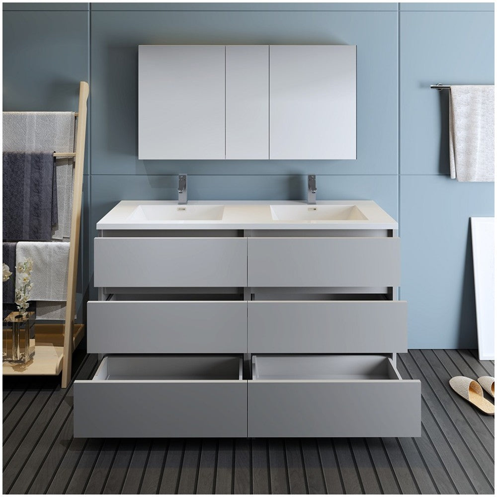60 Gray Free Standing Dbl Sink Bathroom Vanity, Medicine Cabinet, FVN93-3030GR-D