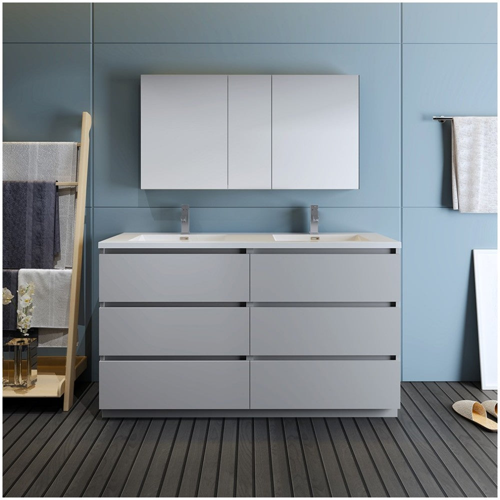 60 Gray Free Standing Dbl Sink Bathroom Vanity, Medicine Cabinet, FVN93-3030GR-D