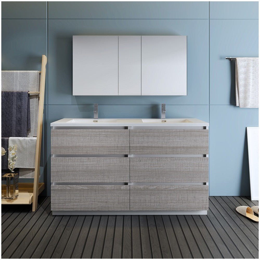 60 Gray Free Standing Dbl Sink Bathroom Vanity, Medicine Cabinet, FVN93-3030HA-D