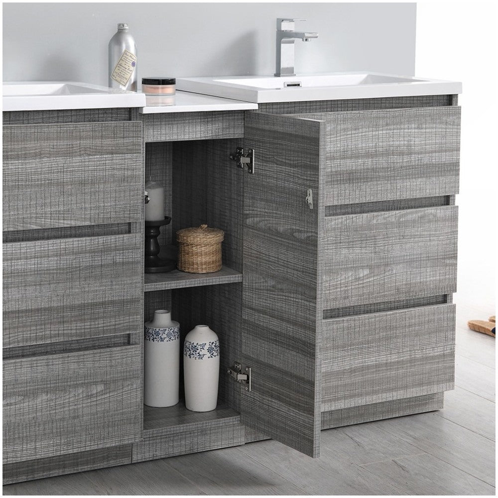 60 Gray Free Standing Dbl Sink Modern Bathroom Cabinet, Integrated Sinks, Senza