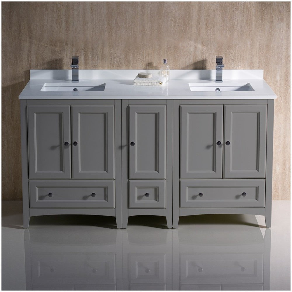 60 Gray Traditional Dbl Sink Bathroom Cabinets, Top, Sinks, FCB20-241224GR-CWH-U