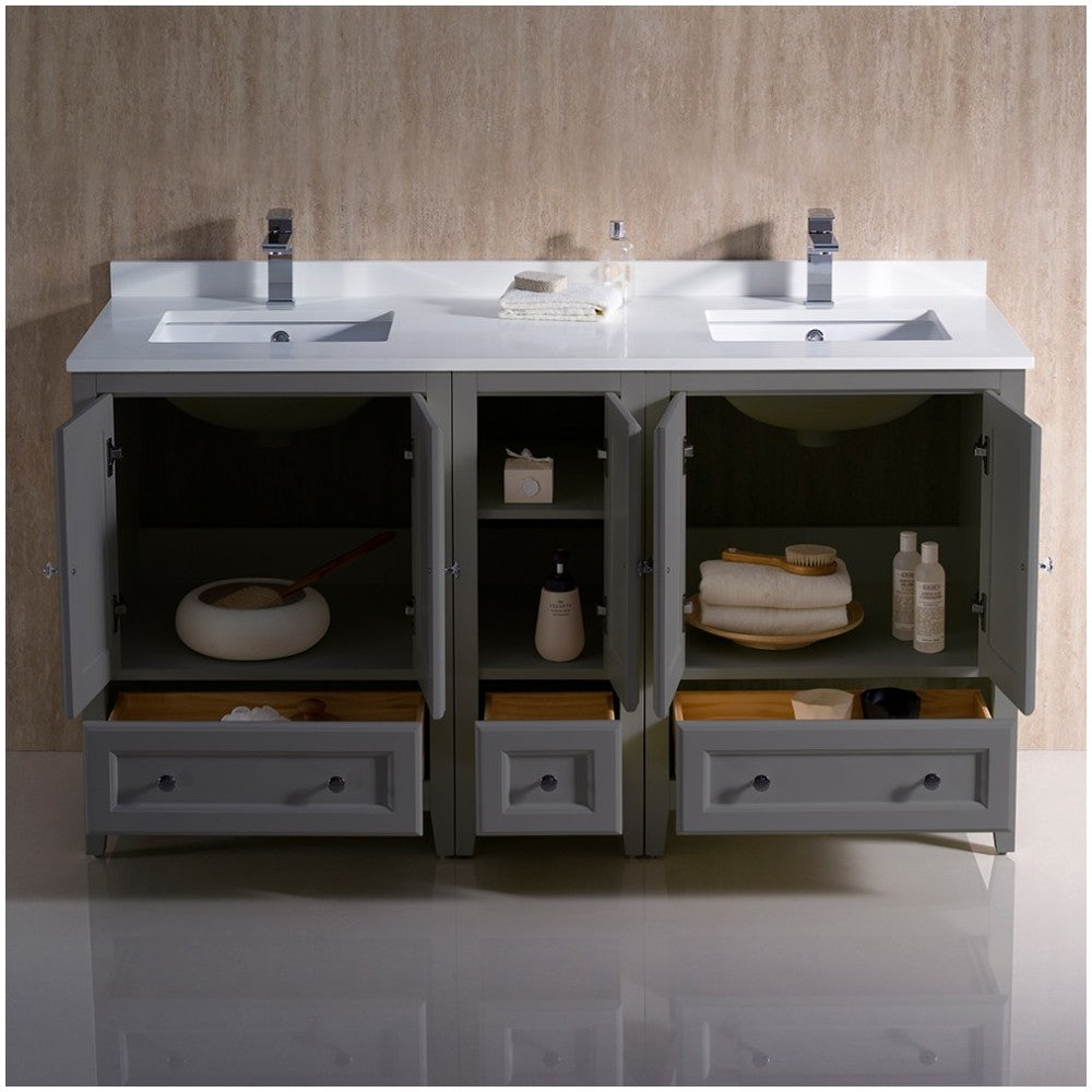 60 Gray Traditional Dbl Sink Bathroom Cabinets, Top, Sinks, FCB20-241224GR-CWH-U