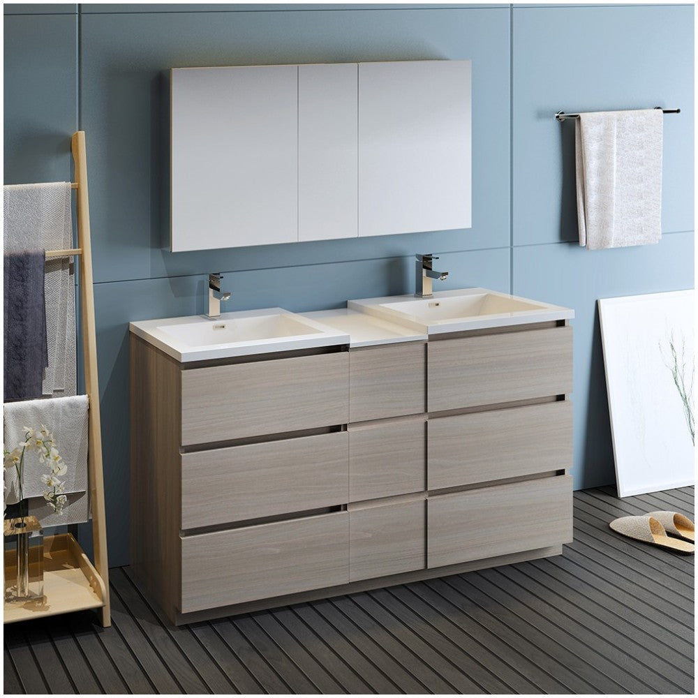 60 Gray Wood Free Standing Dbl Sink Bathroom Vanity, Medicine Cabinet