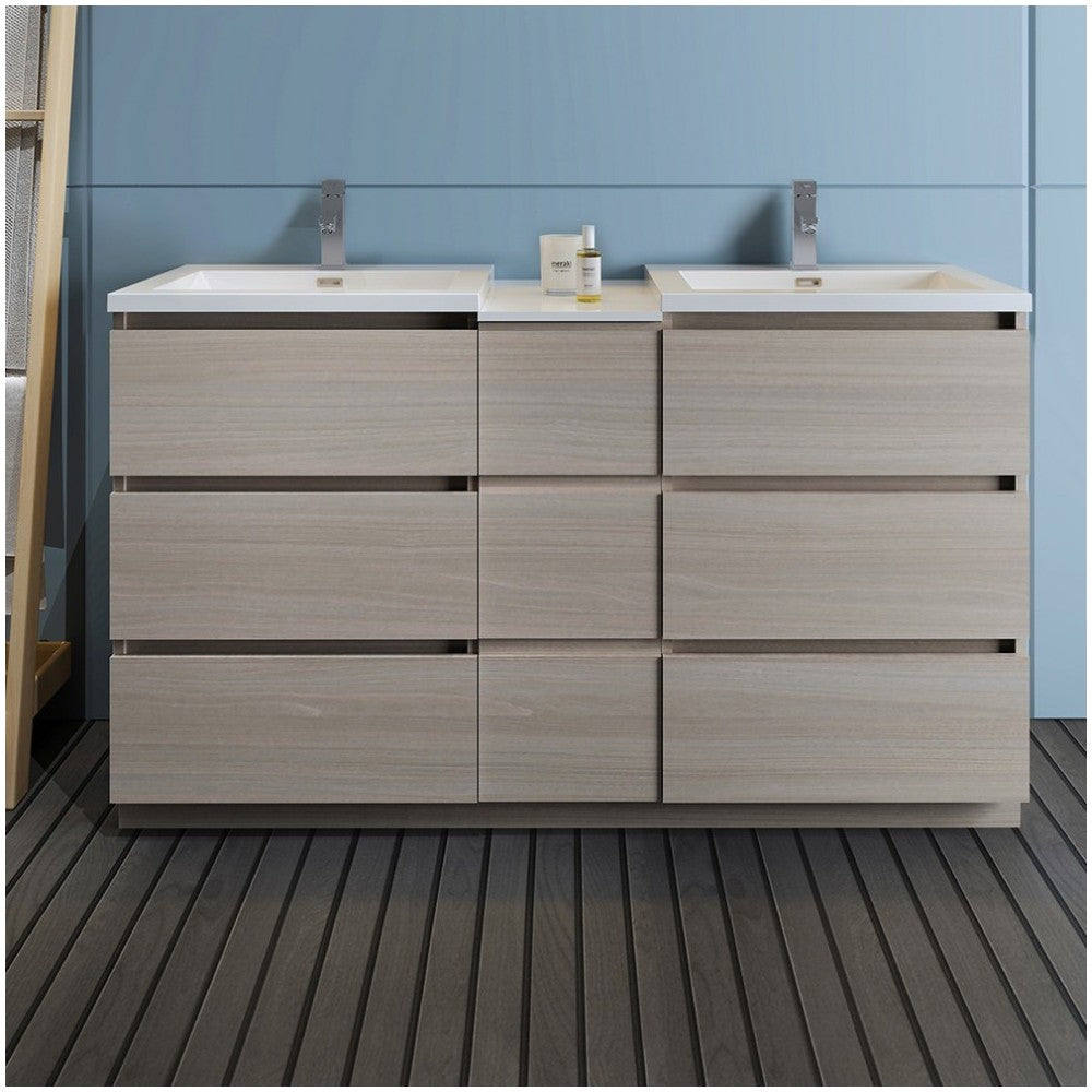 60 Gray Wood Free Standing Double Sink Bathroom Cabinet w/ Integrated Sinks