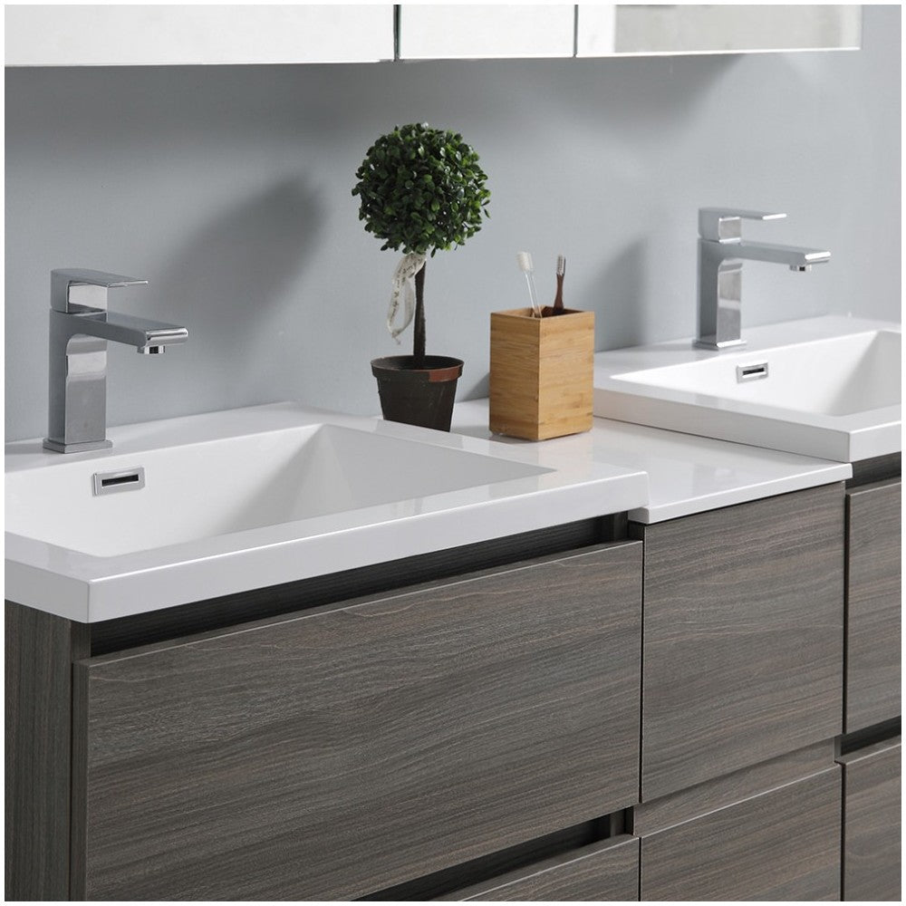 60 Gray Wood Free Standing Double Sink Bathroom Cabinet w/ Integrated Sinks