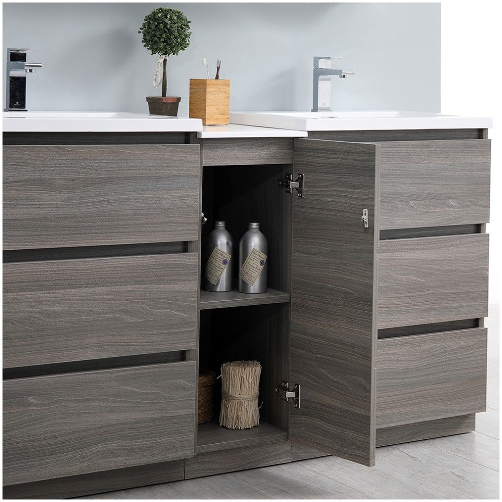 60 Gray Wood Free Standing Double Sink Bathroom Cabinet w/ Integrated Sinks