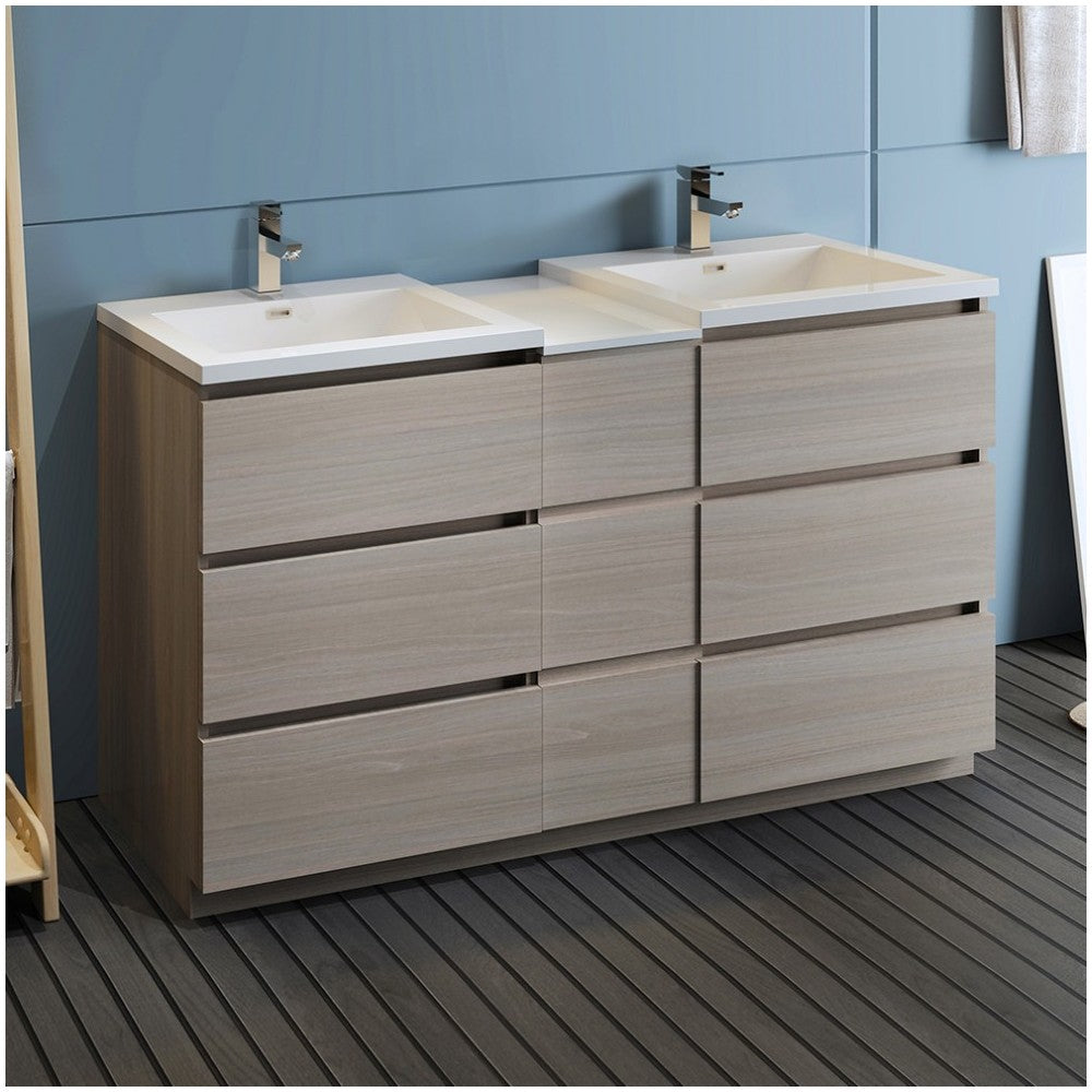 60 Gray Wood Free Standing Double Sink Bathroom Cabinet w/ Integrated Sinks