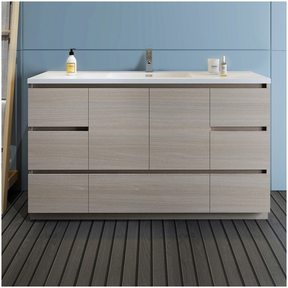 60 Gray Wood Free Standing Modern Bathroom Cabinet w/ Integrated Single Sink